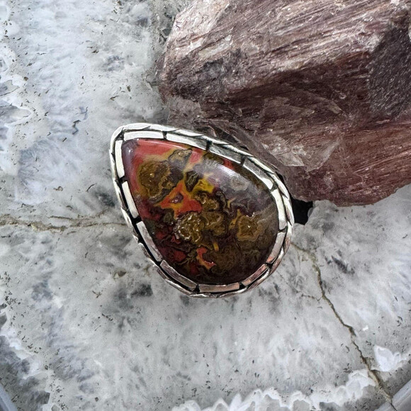 Sterling Southwestern Style Teardrop Moroccan Seam Agate Ring S 6.5 For Women - Picture 2 of 10